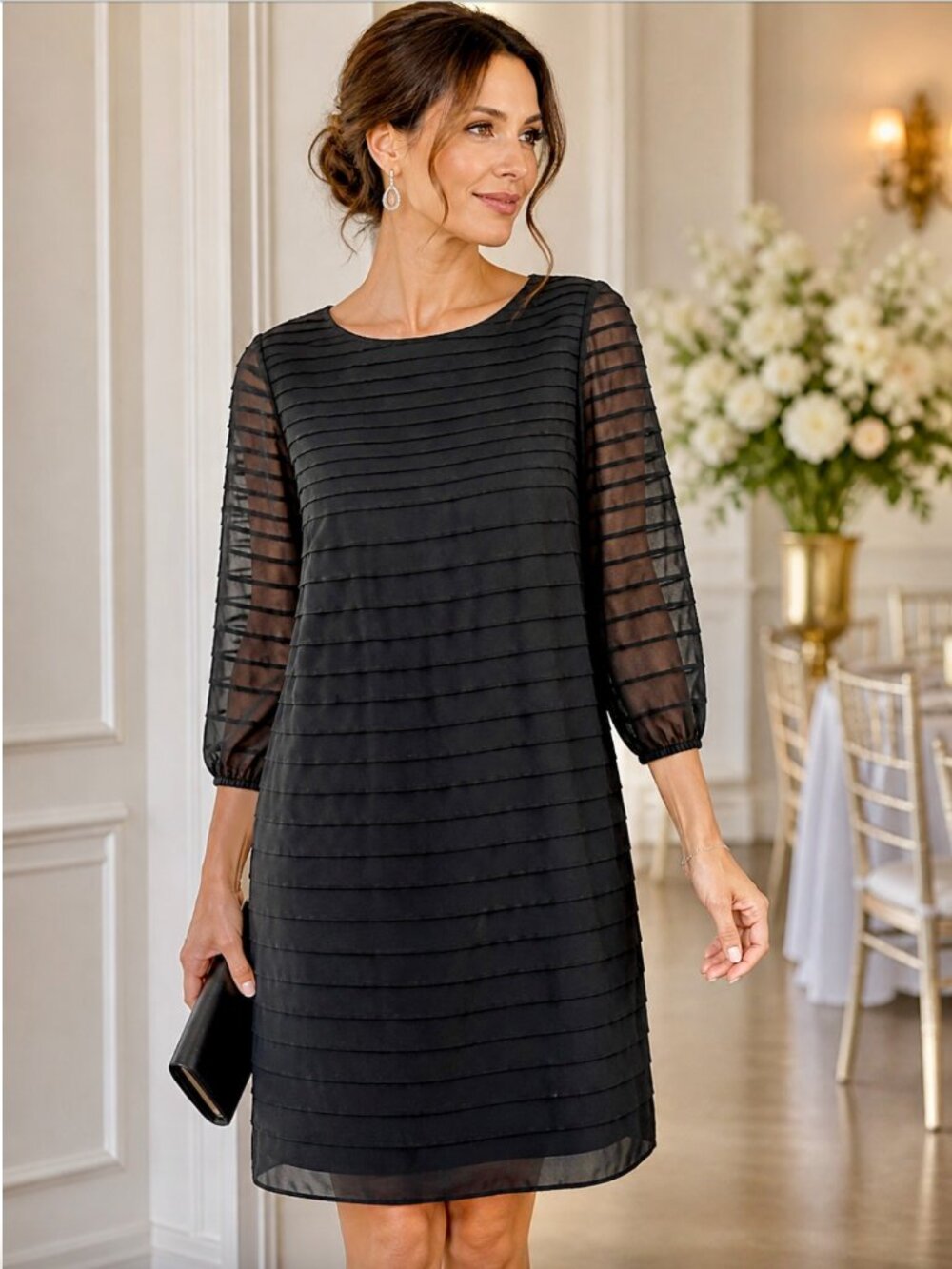 Calvin Klein Black Chiffon Pleated Shift Dress | Size 10 | Elegant & Timeless